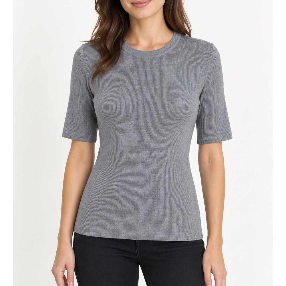 Allude Sweater Top Virgin Wool Short Sleeve Crewneck Minimalist Gray Size 6